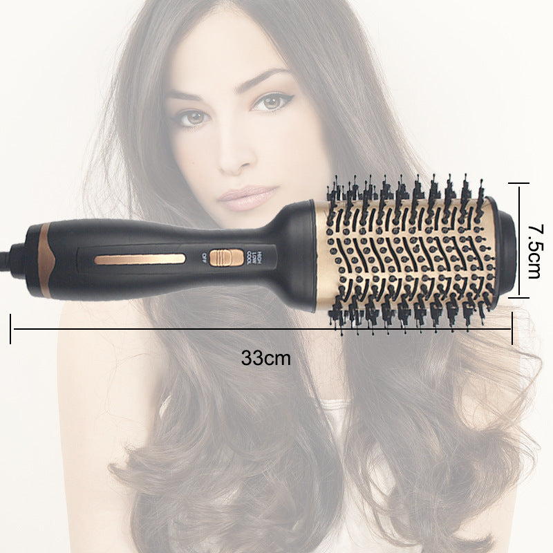 Hair styling tool with measurements displayed over a person using it.