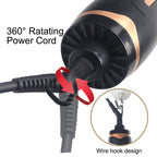 Hair dryer with 360-degree rotating power cord and wire hook design illustration.