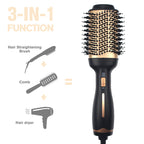 3-in-1 hair styling tool with comb, straightening brush, and hair dryer functions on a white background.