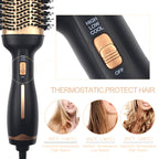 Hair styling tool with temperature control buttons and hair transformation images.