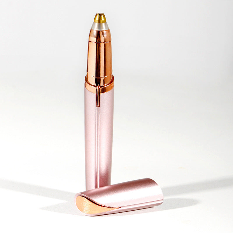 Rose gold Electric Eyebrow Trimmer with gold cap on a white background