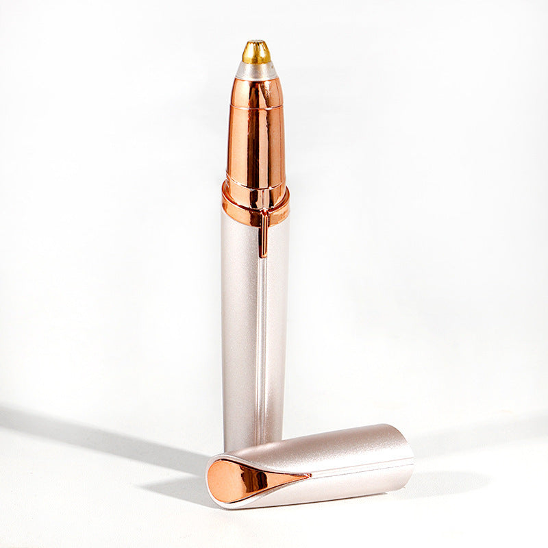 Silver and rose gold Electric Eyebrow Trimmer on a white background