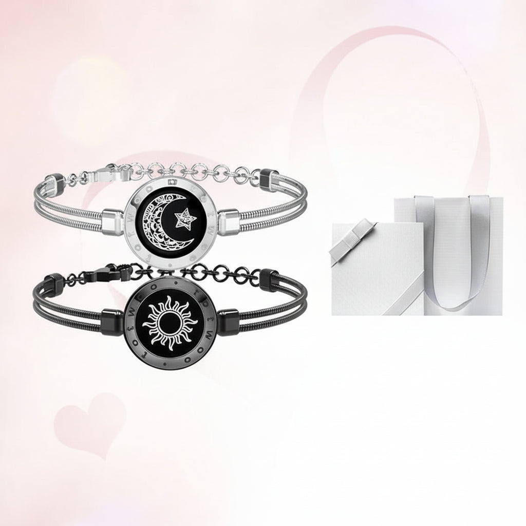 Two bracelets with moon and sun designs on a pink background.