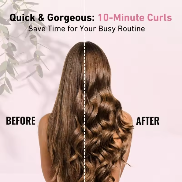 Before and after comparison of hair with 10-minute curls on a pink background