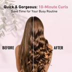 Before and after comparison of hair with 10-minute curls on a pink background