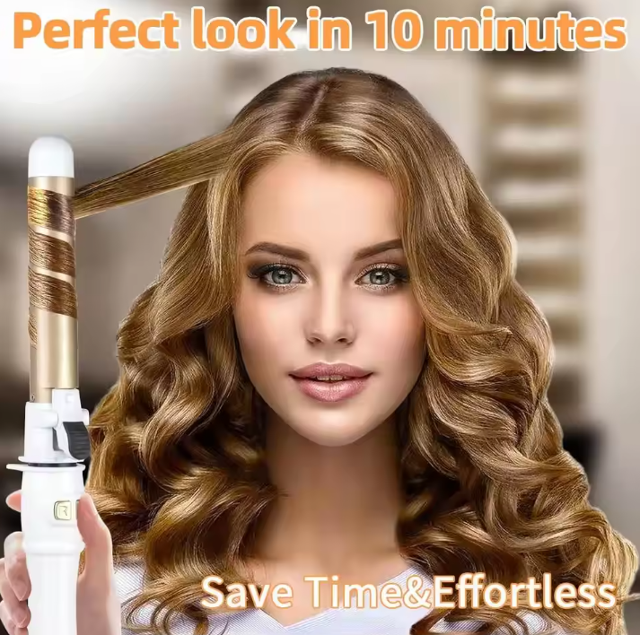 Woman with styled hair holding a hair styling tool with text 'Perfect look in 10 minutes' and 'Save Time & Effortless'.