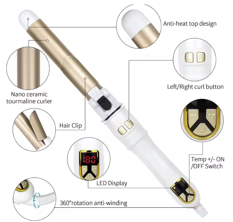 Hair curler with labeled features on a white background