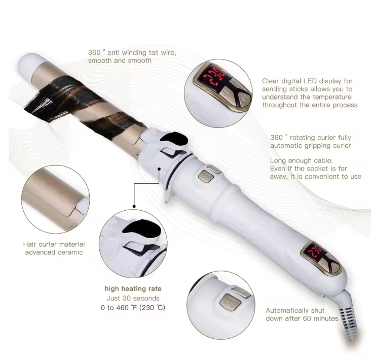 Hair curler with digital display and multiple features highlighted on a white background