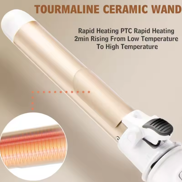 Tourmaline ceramic wand with heating mechanism and text on a beige background