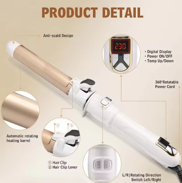 Hair curling iron with digital display and various features highlighted on a beige background