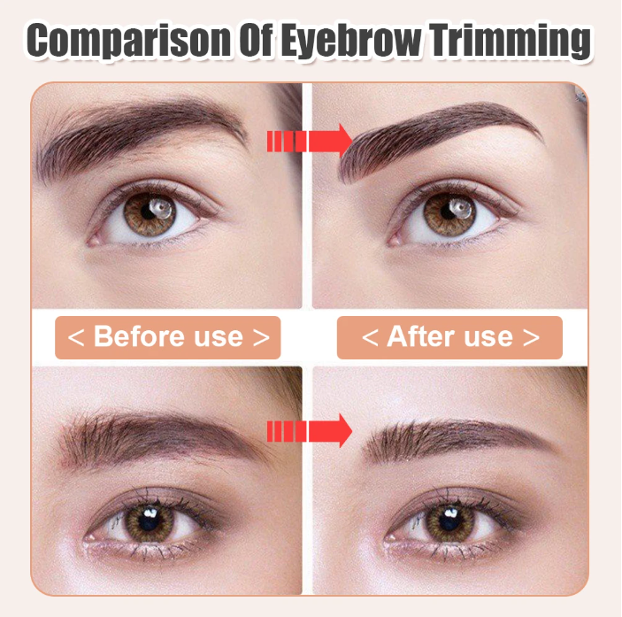 Comparison of eyebrow trimming before and after use on a person's face.