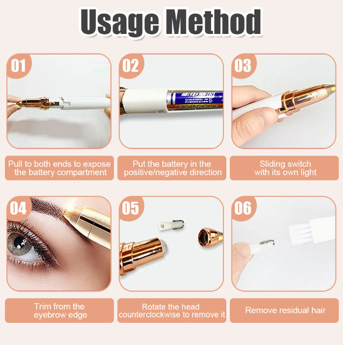Step-by-step guide on how to use an eyebrow grooming tool with images and text.