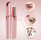 Rose gold eyebrow grooming tool with instructions on a pink background