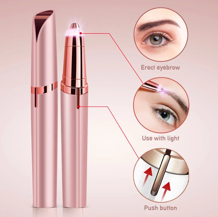 Rose gold eyebrow grooming tool with instructions on a pink background