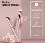 Electric eyebrow trimmer with safety head, small and convenient design, skin-friendly design, and quick trim features on a pink background.