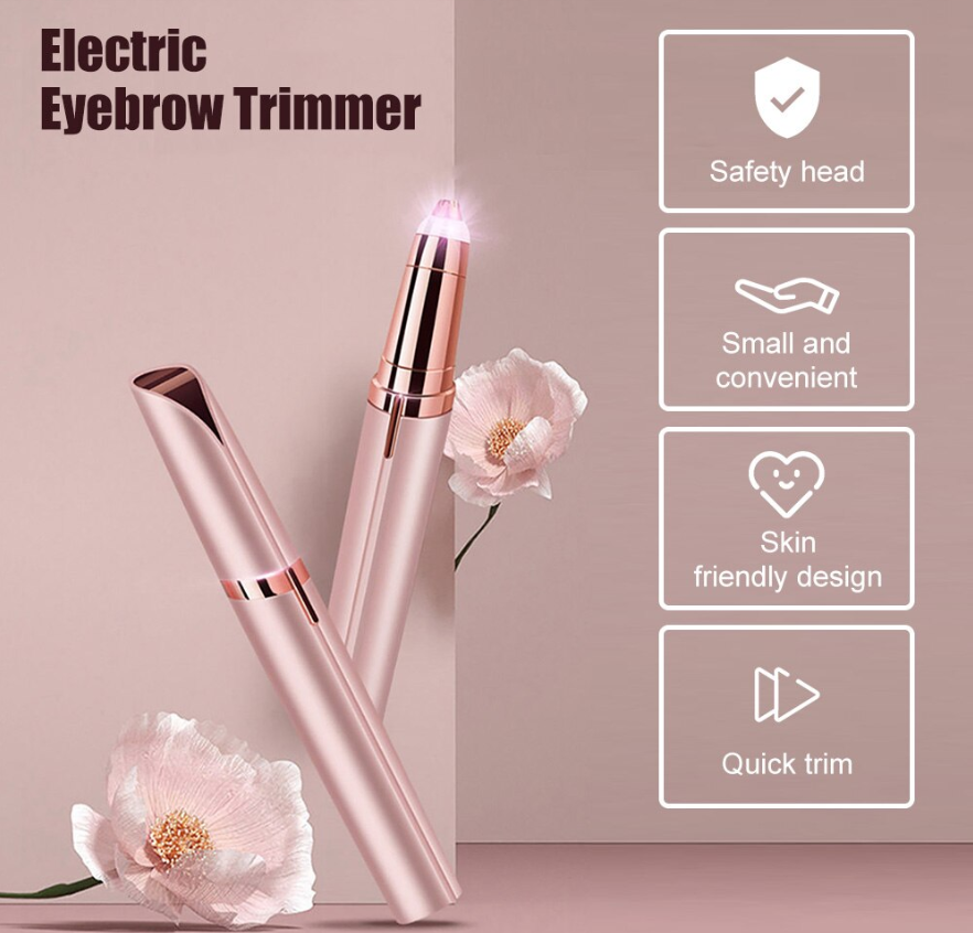 Electric eyebrow trimmer with safety head, small and convenient design, skin-friendly design, and quick trim features on a pink background.