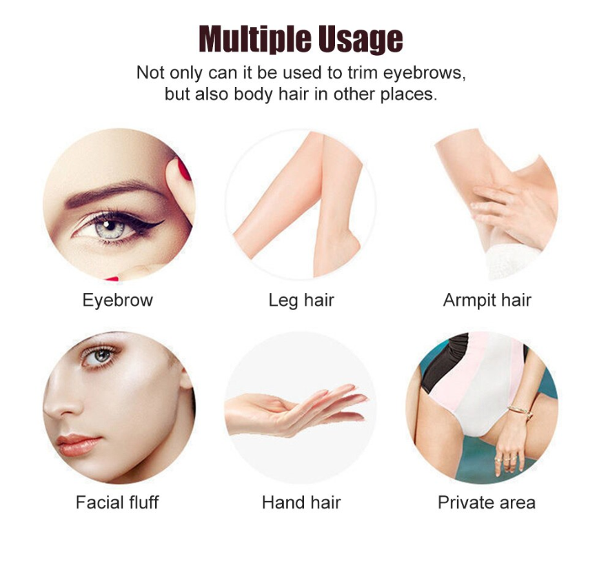 Product usage illustration for eyebrow, leg hair, armpit hair, facial fluff, hand hair, and private area grooming.